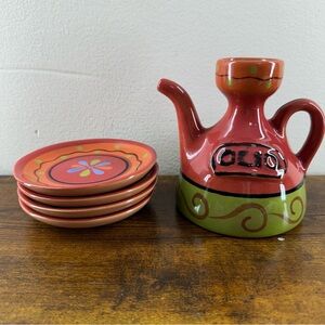 VTG Hand Painted Spanish Ceramic Olio Oil Cruet Pitcher & 4 Dipping Dishes Set